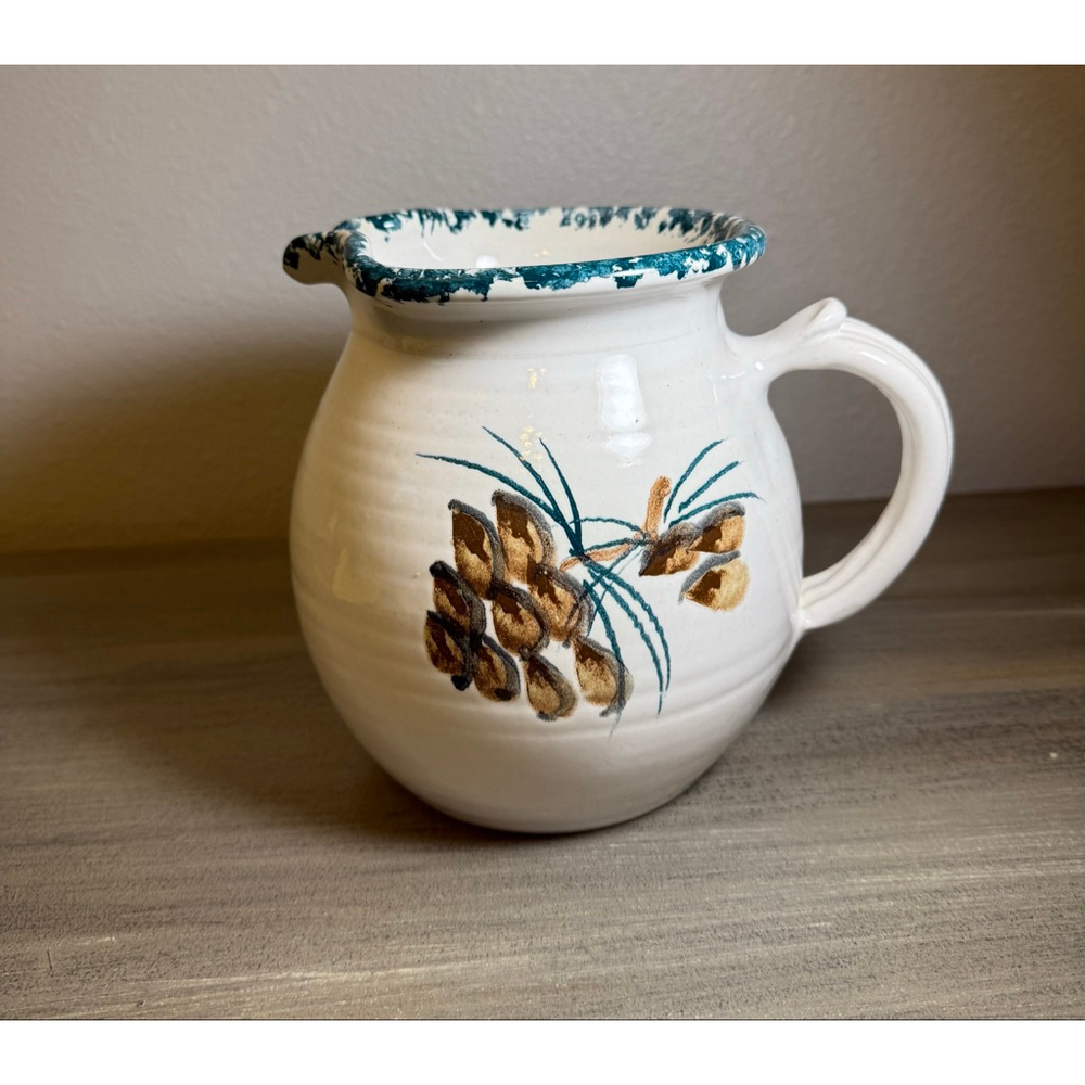 vintage studio art pottery pitcher hand-painted pinecone, pinched spout
